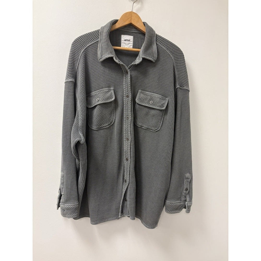 Aerie Lumber Jane Waffle Knit Shirt Large Gray Button Up Shacket Oversized